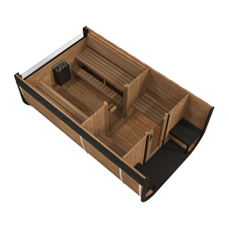 SaunaLife CL12GCP 8-Person Long Outdoor Traditional Cube Sauna w/ Changing Room - cutaway top view of changing room and sauna