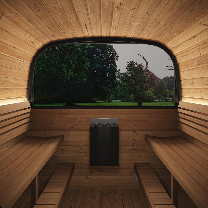 SaunaLife CL12GCP 8-Person Long Outdoor Traditional Cube Sauna w/ Changing Room - interior benches and heater facing rear window