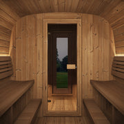 SaunaLife CL12GCP 8-Person Long Outdoor Traditional Cube Sauna w/ Changing Room - interior benches facing glass door
