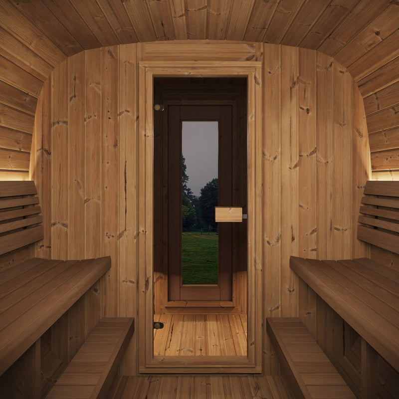 SaunaLife CL12GCP 8-Person Long Outdoor Traditional Cube Sauna w/ Changing Room - interior benches facing glass door