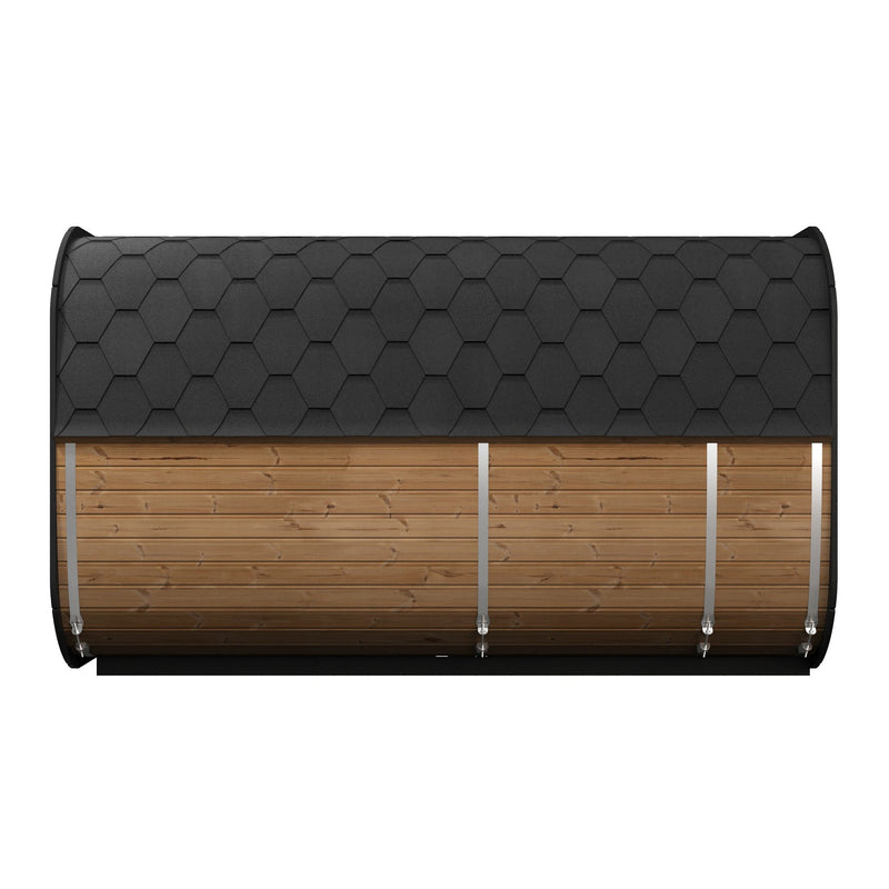 SaunaLife CL12GCP 8-Person Long Outdoor Traditional Cube Sauna w/ Changing Room - side view showing shingle roof