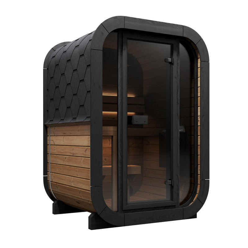 SaunaLife CL3G 2-Person Cube-Series Outdoor Home Sauna - three-quarter view with black frame and glass front