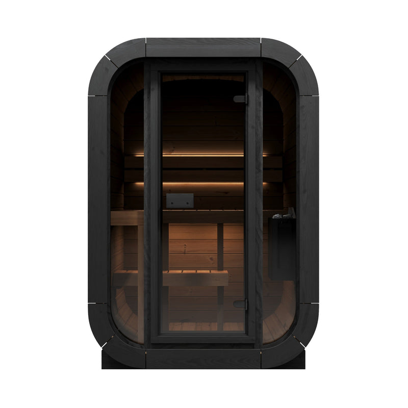 SaunaLife CL3G 2-Person Cube-Series Outdoor Home Sauna - front view with glass front and door