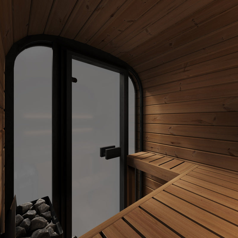 SaunaLife CL3G 2-Person Cube-Series Outdoor Home Sauna - interior heater and bench beside glass door