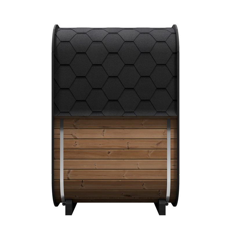 SaunaLife CL3G 2-Person Cube-Series Outdoor Home Sauna - side view showing shingle roof