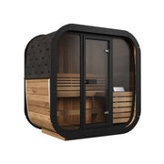 SaunaLife CL4G 3-Person Cube-Series Outdoor Home Sauna - three-quarter view with black frame and glass front