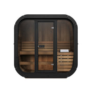 SaunaLife CL4G 3-Person Cube-Series Outdoor Home Sauna - front view with glass front and door