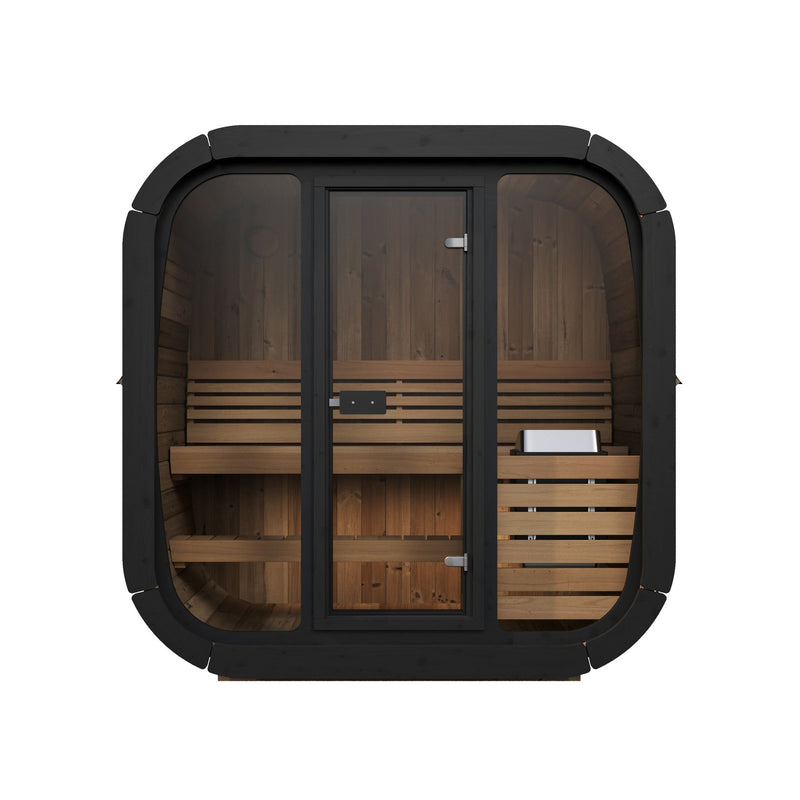 SaunaLife CL4G 3-Person Cube-Series Outdoor Home Sauna - front view with glass front and door