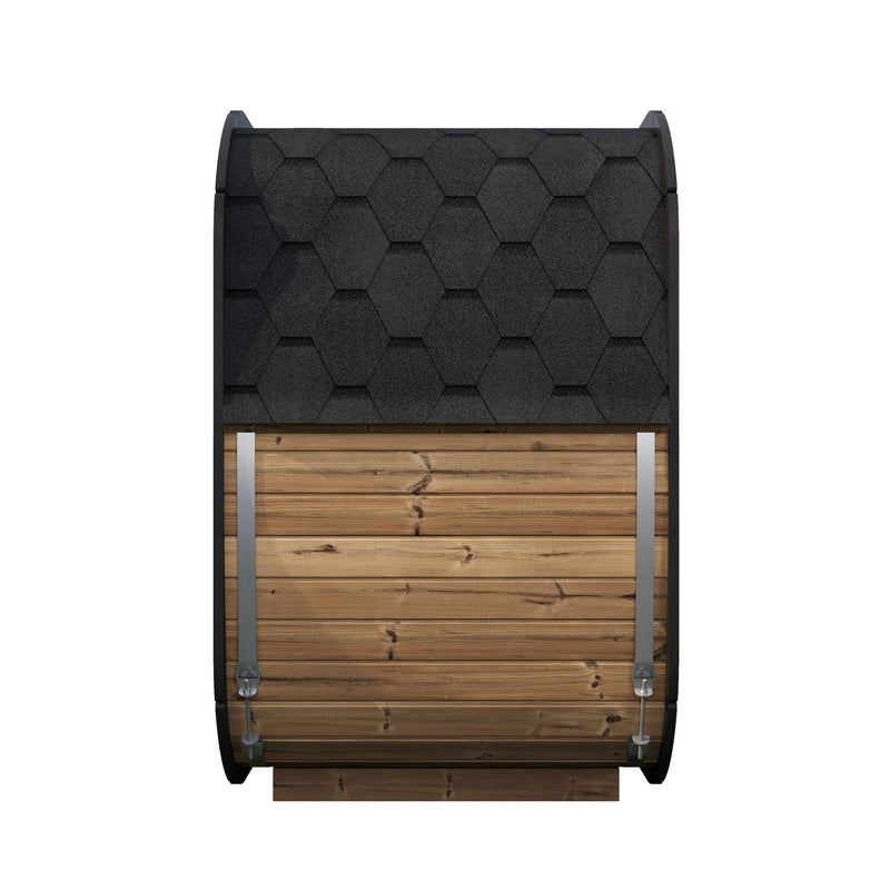 SaunaLife CL4G 3-Person Cube-Series Outdoor Home Sauna - side view showing shingle roof
