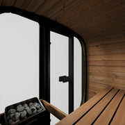 SaunaLife CL4G 3-Person Cube-Series Outdoor Home Sauna - interior heater and bench beside glass wall