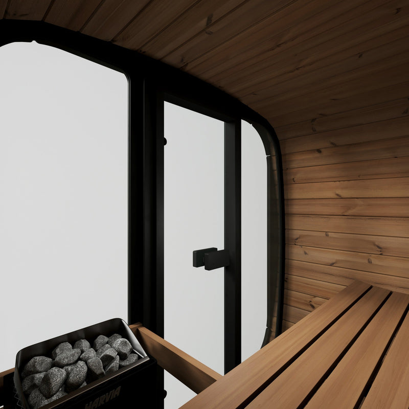 SaunaLife CL4G 3-Person Cube-Series Outdoor Home Sauna - interior heater and bench beside glass wall