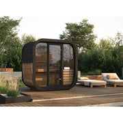 SaunaLife CL4G 3-Person Cube-Series Outdoor Home Sauna - deck setting with lounge chairs