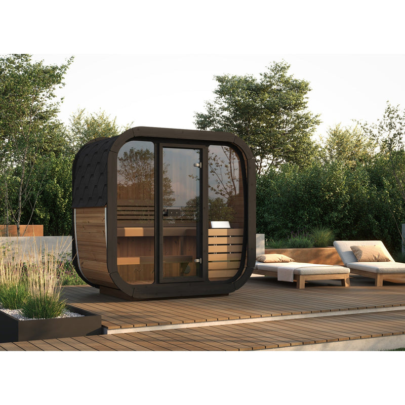 SaunaLife CL4G 3-Person Cube-Series Outdoor Home Sauna - deck setting with lounge chairs