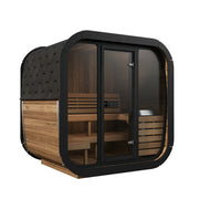 SaunaLife CL5G 4-Person Cube-Series Outdoor Home Sauna - three-quarter view with black frame and glass front