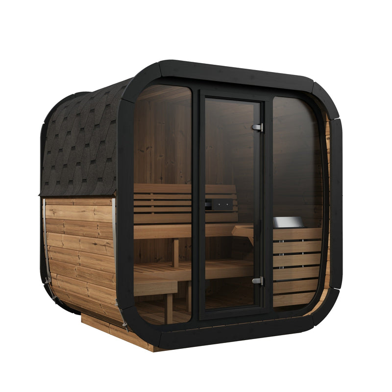 SaunaLife CL5G 4-Person Cube-Series Outdoor Home Sauna - three-quarter view with black frame and glass front