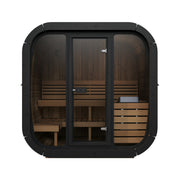 SaunaLife CL5G 4-Person Cube-Series Outdoor Home Sauna - front view with glass front and door