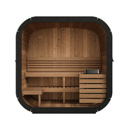 SaunaLife CL5G 4-Person Cube-Series Outdoor Home Sauna - front cutaway showing interior benches