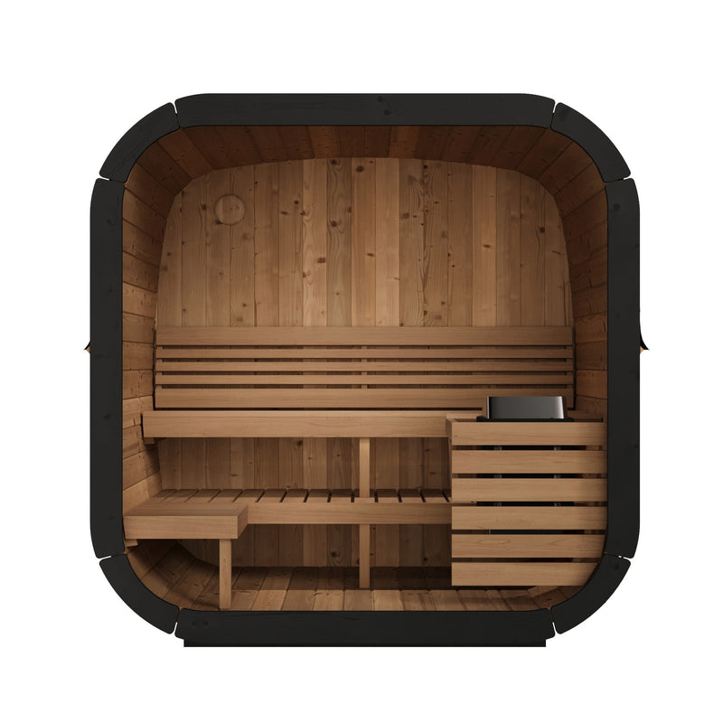 SaunaLife CL5G 4-Person Cube-Series Outdoor Home Sauna - front cutaway showing interior benches