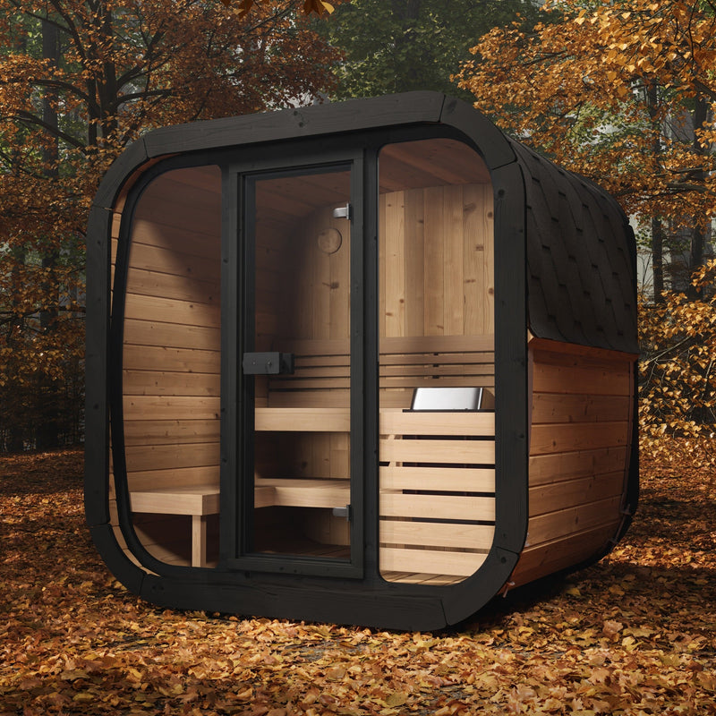 SaunaLife CL5G 4-Person Cube-Series Outdoor Home Sauna - autumn forest setting among fallen leaves