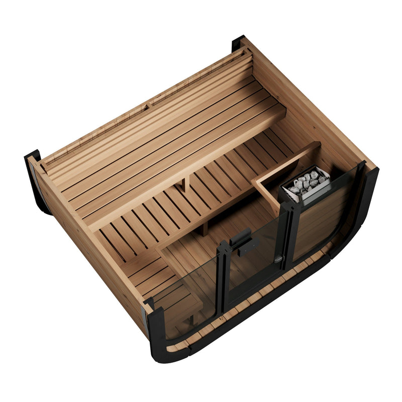 SaunaLife CL5G 4-Person Cube-Series Outdoor Home Sauna - cutaway top view of benches and heater