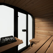 SaunaLife CL5G 4-Person Cube-Series Outdoor Home Sauna - interior heater and bench beside glass wall