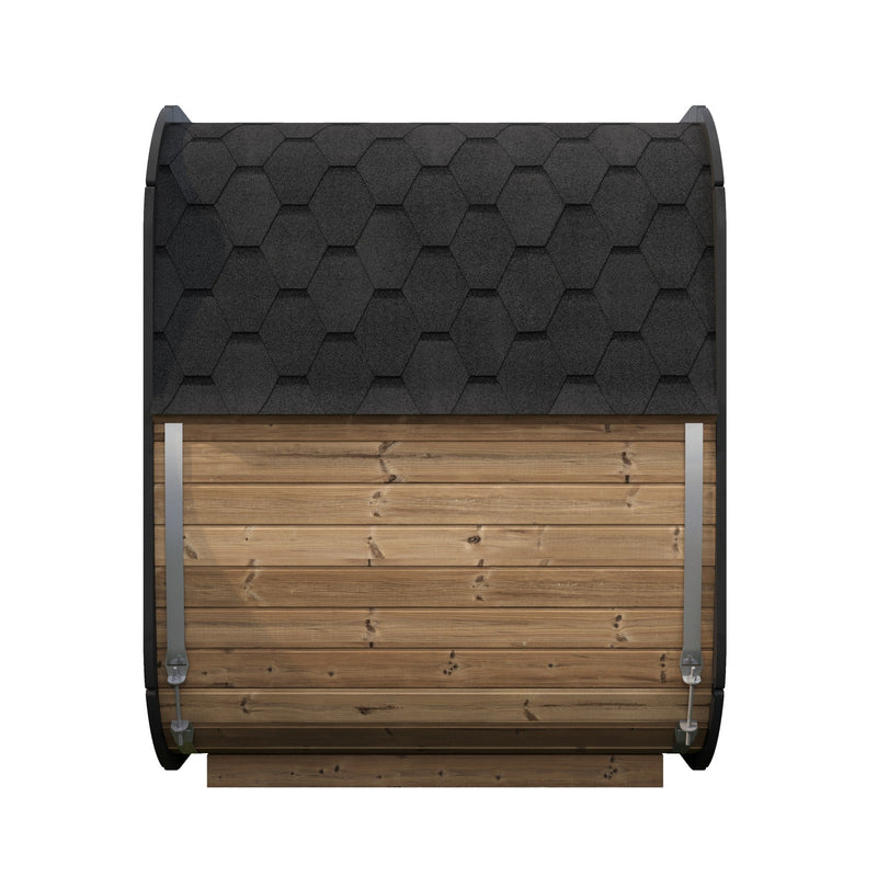 SaunaLife CL5G 4-Person Cube-Series Outdoor Home Sauna - side view showing shingle roof