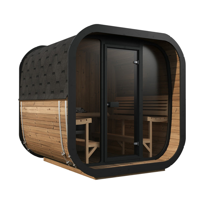 SaunaLife CL7G 6-Person Cube-Series Outdoor Home Sauna - three-quarter view with black frame and glass front
