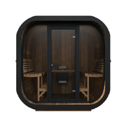 SaunaLife CL7G 6-Person Cube-Series Outdoor Home Sauna - front view with glass front and door