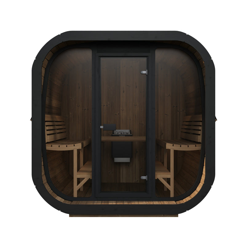 SaunaLife CL7G 6-Person Cube-Series Outdoor Home Sauna - front view with glass front and door