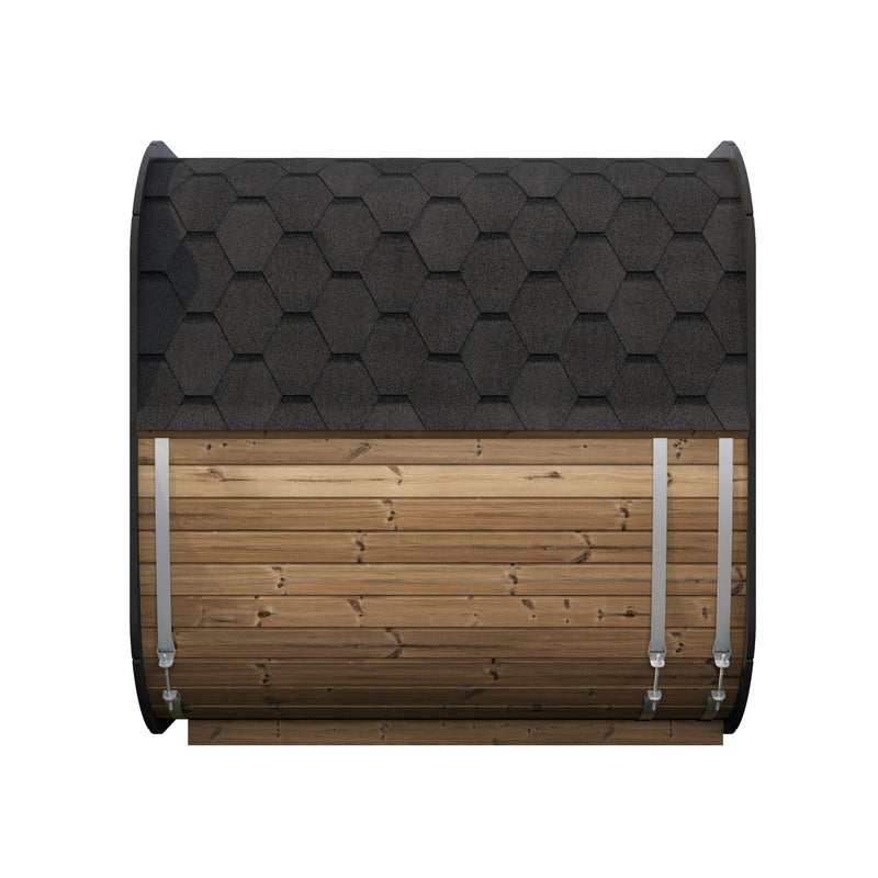 SaunaLife CL7G 6-Person Cube-Series Outdoor Home Sauna - side view showing shingle roof