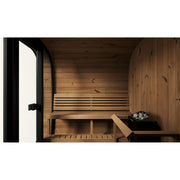 SaunaLife CL7G 6-Person Cube-Series Outdoor Home Sauna - interior benches and heater beside glass door