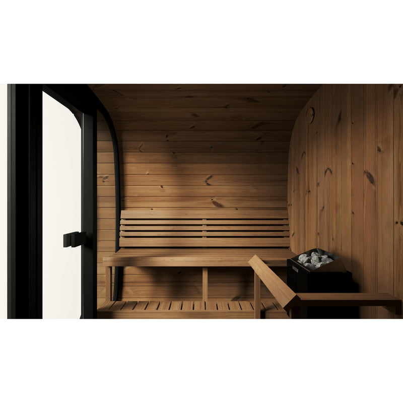SaunaLife CL7G 6-Person Cube-Series Outdoor Home Sauna - interior benches and heater beside glass door