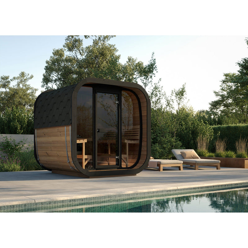 SaunaLife CL7G 6-Person Cube-Series Outdoor Home Sauna - poolside patio setting