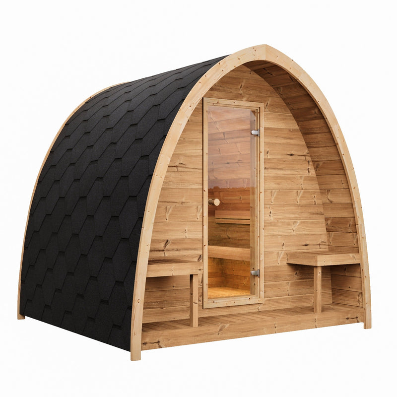 SaunaLife G3 4-Person Outdoor Traditional Pod Sauna - three-quarter view with glass door and shingle roof