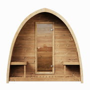 SaunaLife G3 4-Person Outdoor Traditional Pod Sauna - front view with glass door and side benches