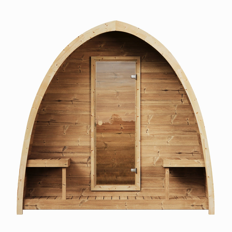 SaunaLife G3 4-Person Outdoor Traditional Pod Sauna - front view with glass door and side benches