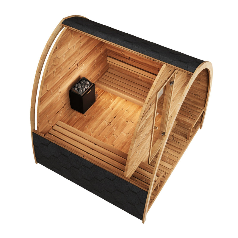 SaunaLife G3 4-Person Outdoor Traditional Pod Sauna - cutaway view of benches and heater