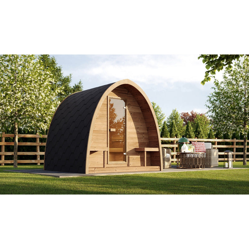 SaunaLife G3 4-Person Outdoor Traditional Pod Sauna - fenced backyard setting on grass
