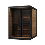 SaunaLife GL4 4-Person Outdoor Traditional Sauna - three-quarter view with black frame and glass front