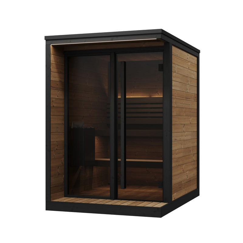 SaunaLife GL4 4-Person Outdoor Traditional Sauna - three-quarter view with black frame and glass front