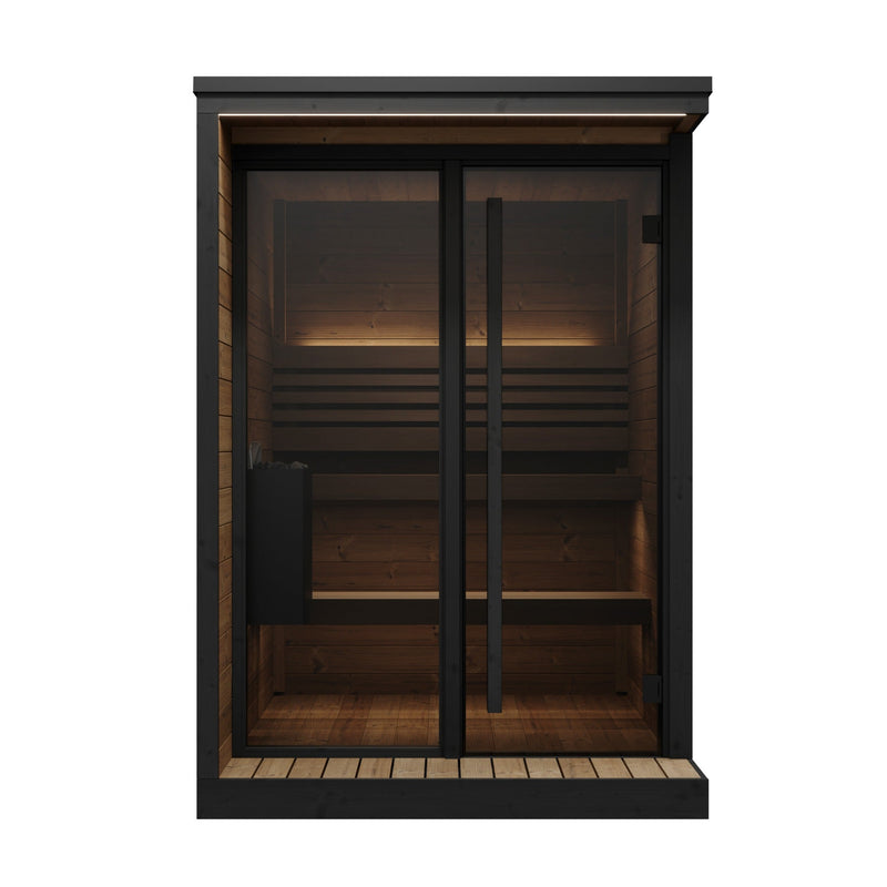 SaunaLife GL4 4-Person Outdoor Traditional Sauna - front view with glass front and door