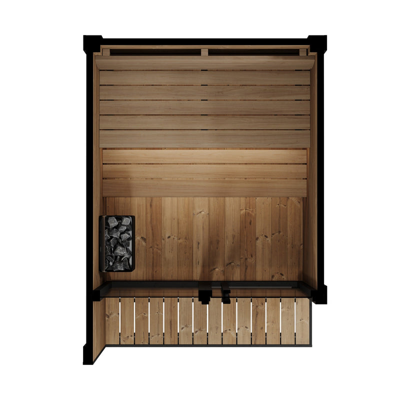 SaunaLife GL4 4-Person Outdoor Traditional Sauna - top-down cutaway of benches and heater
