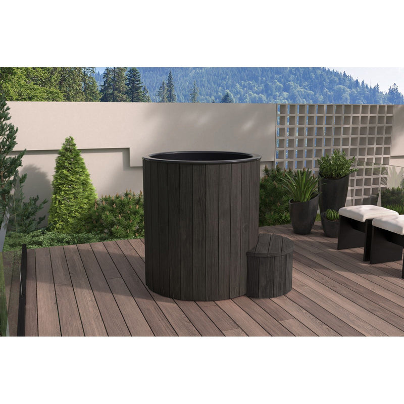 SaunaLife Model S1 1-Person Cold/Hot Tub - black finish tub on a terrace deck