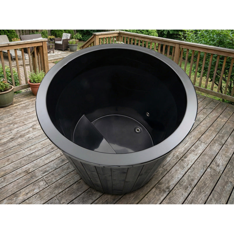 SaunaLife Model S1 1-Person Cold/Hot Tub - top view of black tub interior on deck