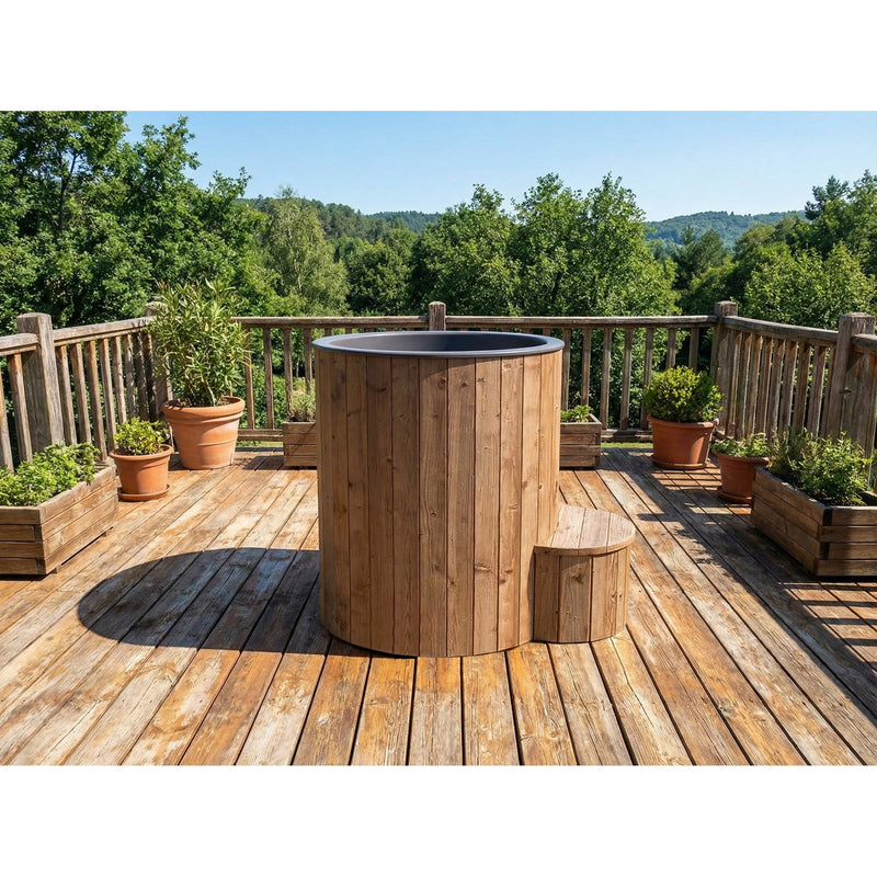 SaunaLife Model S1 1-Person Cold/Hot Tub - natural wood finish tub on a deck