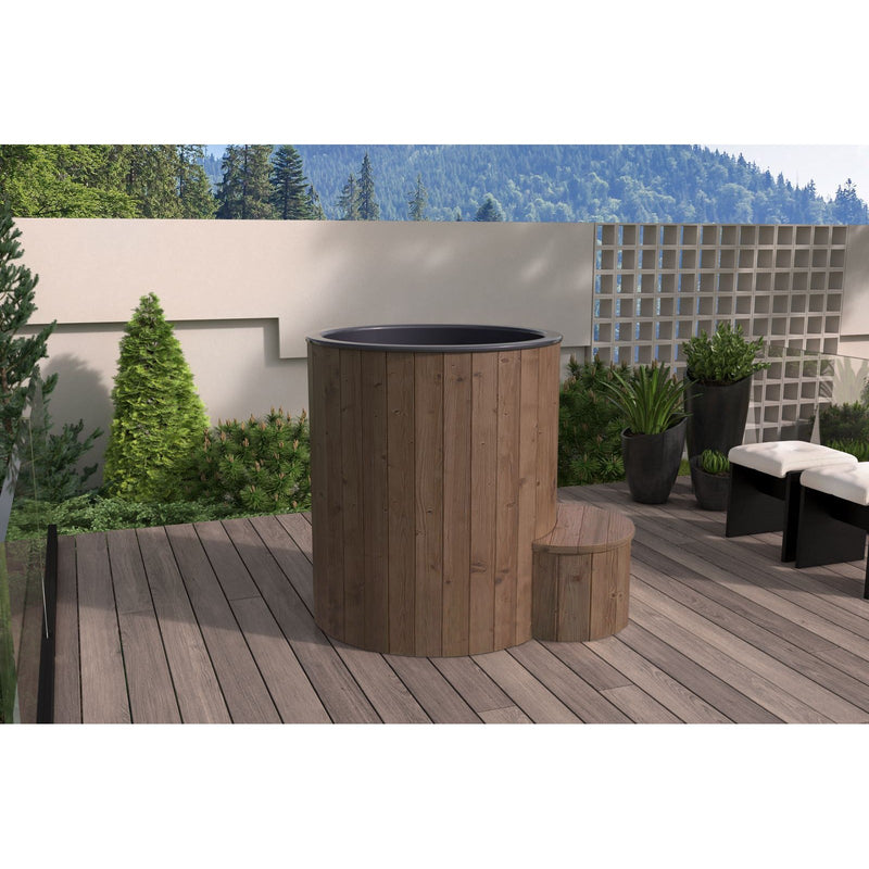 SaunaLife Model S1 1-Person Cold/Hot Tub - natural wood finish tub on a terrace deck