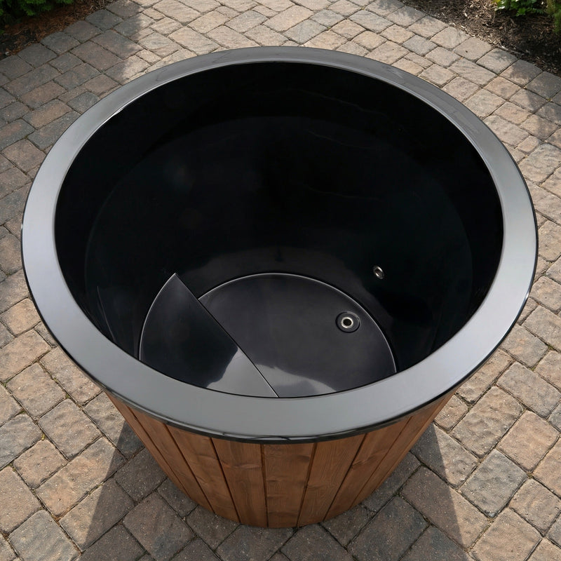 SaunaLife Model S1 1-Person Cold/Hot Tub - top view of tub interior on a brick patio