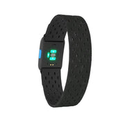 Wahoo TICKR FIT, armband standing upright with green LEDs lit