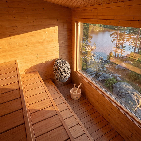 Dundalk Leisurecraft Avalon Sauna benches beside the front window