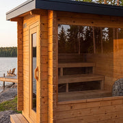 Dundalk Leisurecraft Avalon Sauna glass door and window by a lake